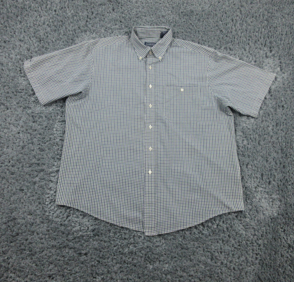 Lands' End Shirt Mens Large Blue Green White Plaid Basic Short Sleeve Button Up
